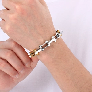 Men's stylish two-tone stainless steel bone chain bracelet with curved cut metal links