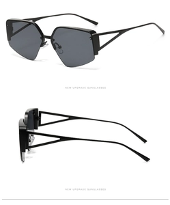 Detail of black geometric half-frame sunglasses showing hollow triangular temple joints