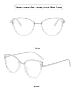 Front and side view of cat eye glasses with transparent frames and silver metal temples