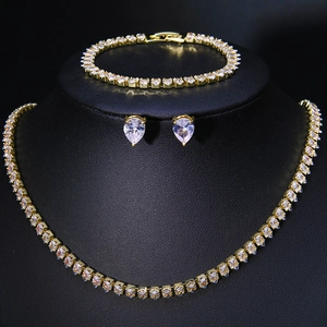 Detailed close-up of sparkling teardrop zircon necklace, bracelet, and earrings set
