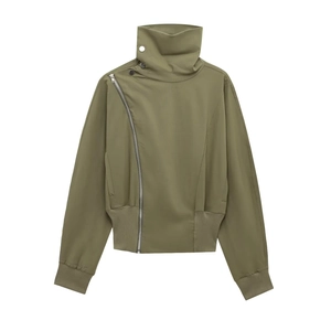 Detail of army green cropped jacket with high collar, metal buttons and offset zipper
