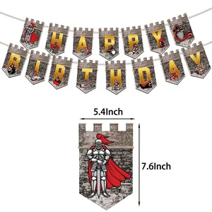 Medieval knight birthday happy birthday banner with castle elements for party decor