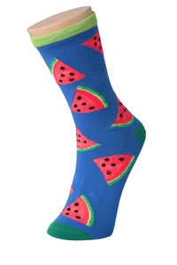 Close-up of blue cotton sock featuring a knit watermelon pattern and green toe detail