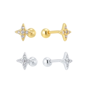S925 silver star stud earrings with zircon in gold and silver finish with screw backs