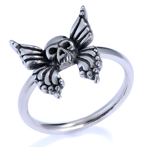 Retro stainless steel ring featuring a gothic silver skull butterfly design on white background
