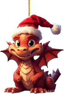 Pendentif dinosaure de Noël rouge en acrylique avec bonnet de Père Noël et cordon doré