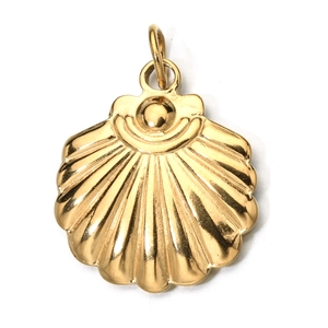 Detailed macro shot of a polished golden stainless steel seashell pendant with ring