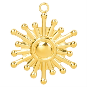 Golden sunburst pendant necklace in 18k plated stainless steel on white background