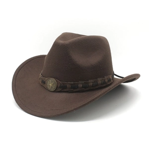 Dark brown woolen felt western cowboy hat with a star buckle and woven band on white background