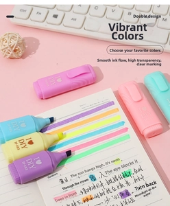Detail view of mini pill highlighters on a notepad showing colorful ink on paper