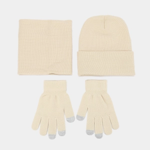Winter warm knitted set with beanie, snood and touchscreen gloves in beige color