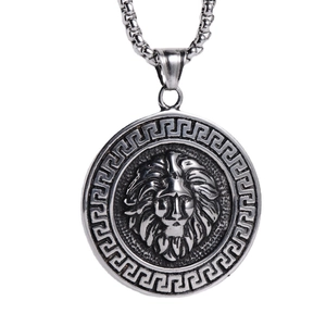 Polished silver lion head medallion pendant necklace with Greek key pattern border