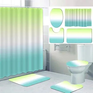 Tenda da doccia impermeabile sfumata verde blu e set di quattro tappetini da bagno
