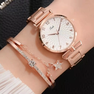 Elegant rose gold women's watch set with a crystal bracelet and starry heart charms