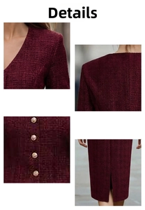 Macro shot of wine red tweed fabric texture and metallic buttons on V-neck office suit