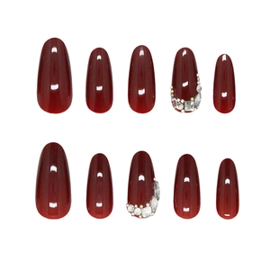 Handmade wine red almond press-on nails with luxury rhinestones and pearls set