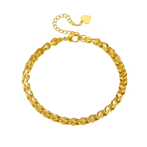 Minimalist gold-plated stainless steel leaf chain bracelet with heart charm and lobster clasp