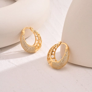 Vintage French Copper Hollow Hoop Earrings With Rhinestone Elegant Gold Geometric Earrings For Women Jewelry Gift