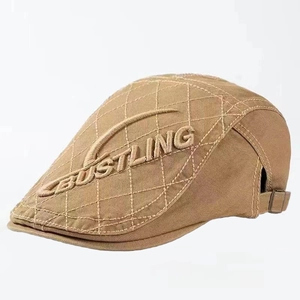 Khaki quilted beret hat with side embroidery and adjustable buckle for street style