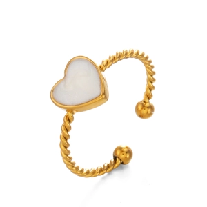 Minimalist gold-plated stainless steel open ring with twisted band and white enamel heart
