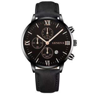 Business quartz watch for men with black leather strap and Roman numeral dial markers