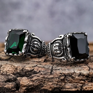 Vintage stainless steel men's crown rings with emerald and black zircon stones