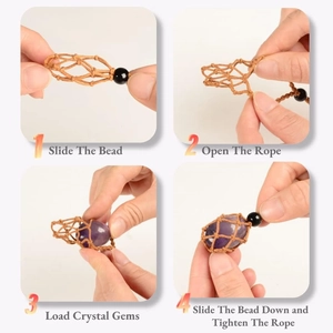 Handmade braided rope necklace holder with crystal stone loading steps guide