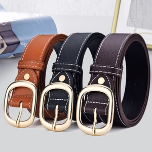 Three minimalist PU leather belts for women in brown, black, and coffee with gold buckles