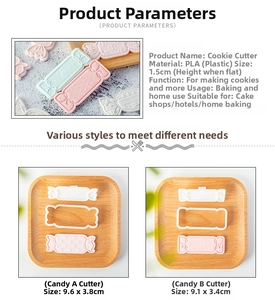 Detail view of candy-shaped cookie cutter set with dimensions and PLA plastic texture