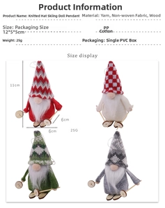 Size display of knitted skiing gnome ornaments with wooden base in four festive colors