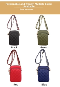 Close-up of quilted nylon crossbody phone bags with ethnic pattern jacquard straps