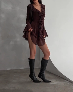 Detail of V-neck ruffled mini dress in dark brown with elegant layered chiffon sleeve