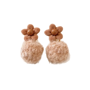 Winter floral earrings with brown flocking flower and fluffy pom pom drop for women