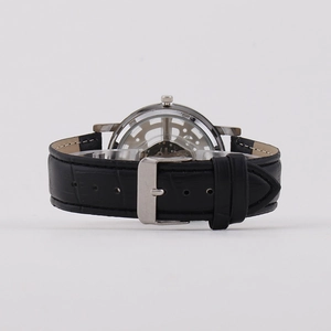 Men's skeleton quartz wristwatch with a black crocodile-patterned leather strap and buckle