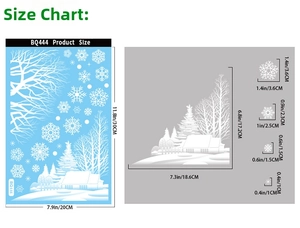 Detailed dimension guide for Christmas window stickers featuring snowflakes and snow cabins