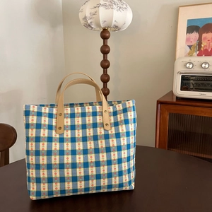 Checkered Tote Bag Cotton Canvas Plaid Handbag With Leather Handle Zip Closure Casual Daily Commuter Mommy Bag For Women