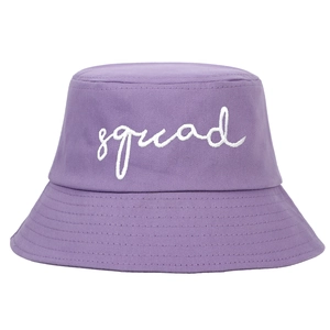 Purple cotton bucket hat with white Squad cursive embroidery on clean white background