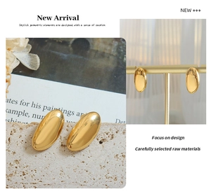 Detailed view of oval geometric 18K gold plated steel earrings on stone and jewelry stand