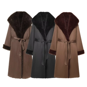 Women Long Faux Fur Collar Coat Elegant Suede Textured Belted Slim Fit Winter Outerwear Trench Jacket