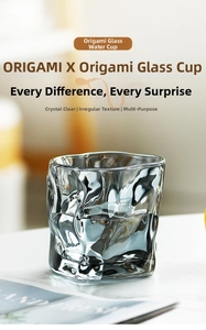 Close-up of origami textured glass with irregular facets and smoked grey iridescent finish