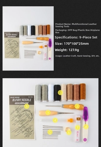 Macro shot of a 9-piece leather sewing tool kit with wax threads and stitching awls