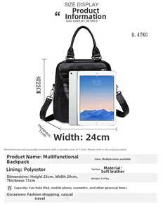 Size display of black soft leather backpack showing interior capacity for iPad and essentials