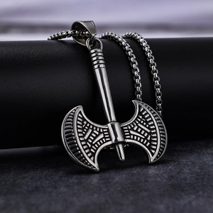 Vintage Viking double-headed axe pendant in retro silver finish on a box chain