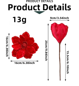 Detailed dimensions of a red 16x16cm artificial Christmas flower with glitter texture
