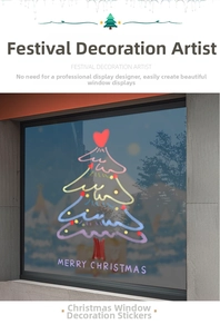 Gros plan d'un autocollant de fenêtre sapin de Noël peint à la main avec lumières et Merry Christmas