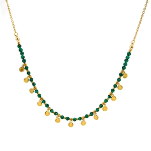 Natural malachite beaded necklace in 18K gold plated stainless steel with sunburst pendants