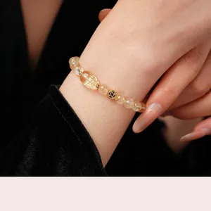 Rutilated Quartz Beaded Bracelet With Golden Pixiu And Coin Charm Elegant Vintage Jewelry For Women