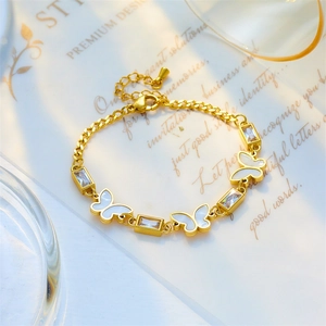 Golden titanium steel bracelet with white shell butterfly and rectangular zircon stones