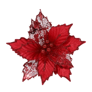 Red 24cm artificial Christmas flower with glitter mesh petals and decorative berries