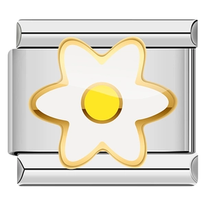 Italian charm link in silver stainless steel featuring a white flower with golden edges